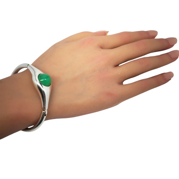 Sterling Silver Green Chrysoprase Gemstone Hinged Bangle Bracelet #20645 - Picture 8 of 10